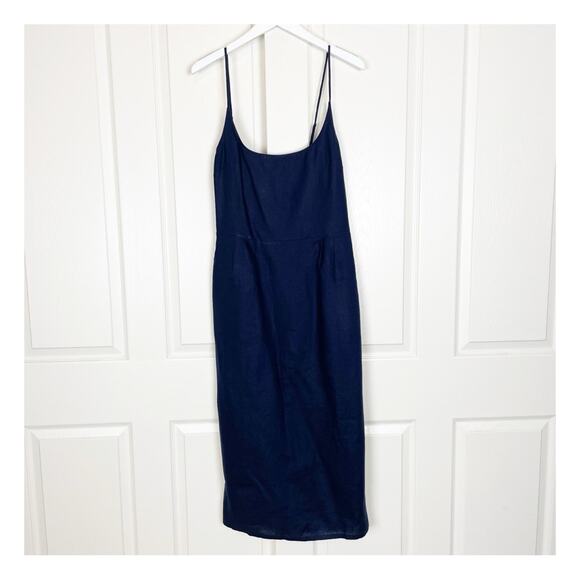 Quince Navy European Linen Midi Sun Dress Scoop Neck Capsule Wardrobe NWT Sz L - Picture 2 of 11